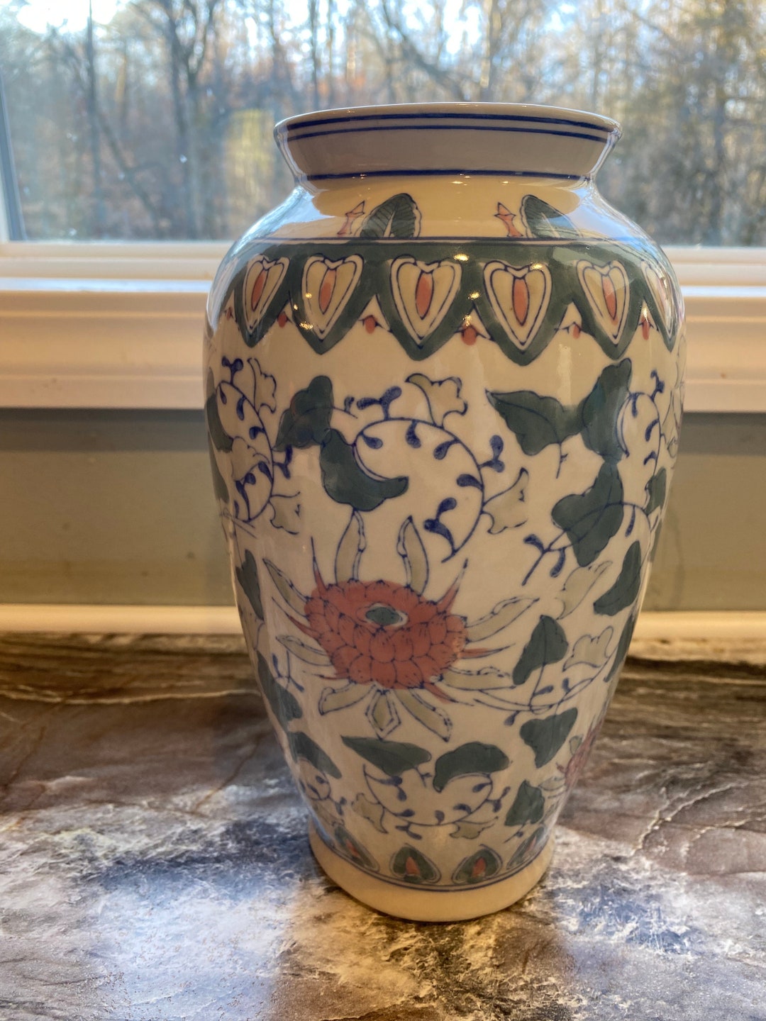 Large Vintage Chinese Vase Pink and Green Chinoiserie Decor Tall Floral