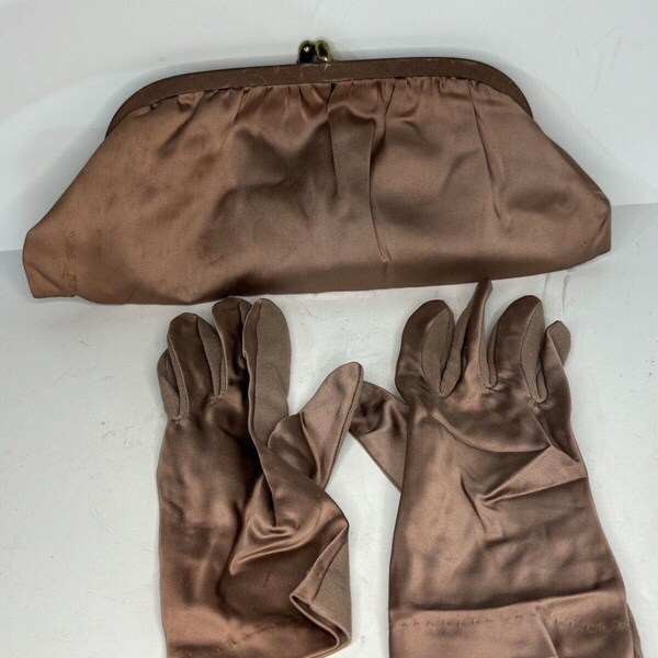 Vintage 40s 50's Tan Brown Satin Clutch Kisslock Purse With Matching Gloves