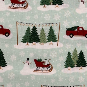 Kersttradities mint- Riley Blake Designs- katoenquiltstof op maat gesneden-Trees Truck