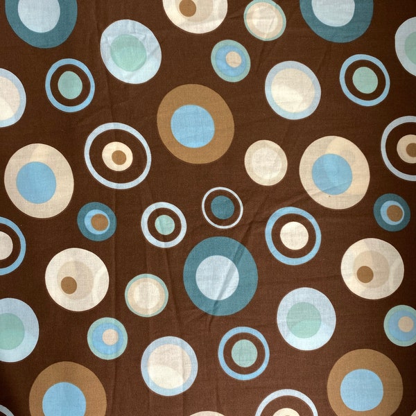 Brown Teal Dot- Quilting Fabric- By the Yard- Circles, Dots, Brown, Teal, Tan, Cream, Blue