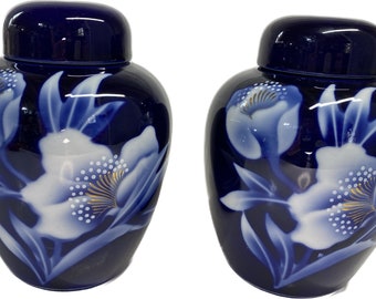 Japanese Cobalt Blue & White Porcelain Ginger Jars Set of 2 with Lids Floral Asian Decor
