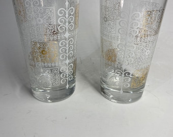 Vintage Mid Century Modern Highball Drinking Glasses Barware 2 Set Gold and White Filigree