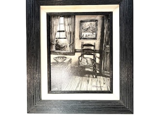 H Hargrove Signierte Serigraphie Schwarz-Weiß-Katze im Stuhl Bauernhaus 8x10 "Fine Art