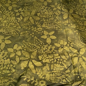 Olive Flora Batik - Cotton Batik Quilting Fabric- By the Yard- Green, Yellow, Olive, Floral