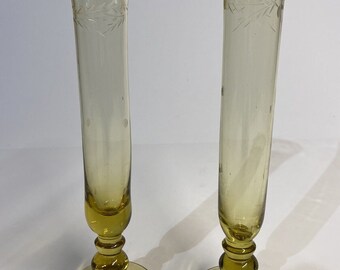 National Potteries Co. 2 Set Amber Yellow Hand Blown Frosted Etched Glass Vases