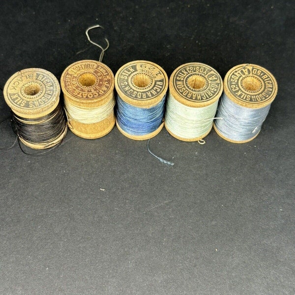 5 Vintage SILK Thread Wood Spools Richardsons, JP Coats