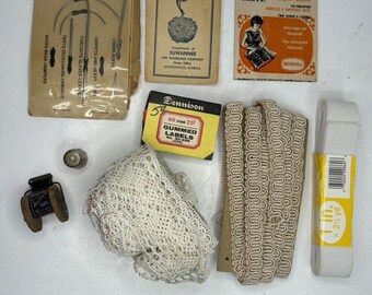 Lot of Vintage Sewing Supplies Notions Advertising Thimble Lace Needles