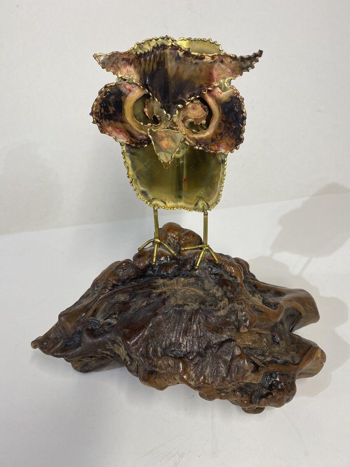 Midmod Brutalist Metal Owl Sculpture on Burl Wood Style of Curtis Jere OOAK