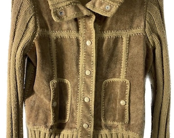 Pull en tricot en cuir véritable Carol Cohen coupe SMALL pour femmes - Marron kaki