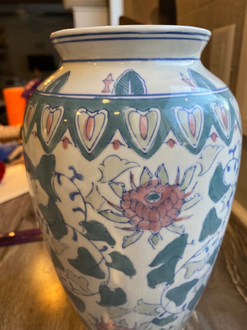 Large Vintage Chinese Vase Pink and Green Chinoiserie Decor Tall Floral