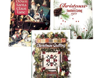 Lote de livro de artesanato de Natal vintage colcha de ponto cruz Southern Living Leisure Arts