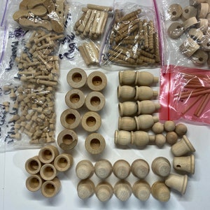 Lot of Wood Toy Making Supplies Cars Trains Airplanes Pegs Axles Balls Cups Bits