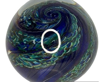 Ron Mynatt Art Glass Paperweight Iridescent Cobalt Blue Swirl Ocean Peacock 3"