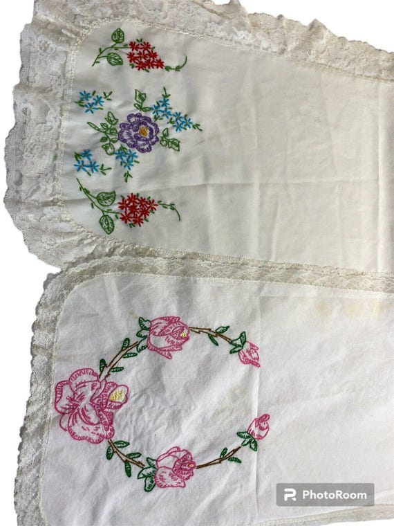Vtg Hand Embroidered Table Runner Dresser Scarves 12" X 38" Lace Edge  Floral - Etsy