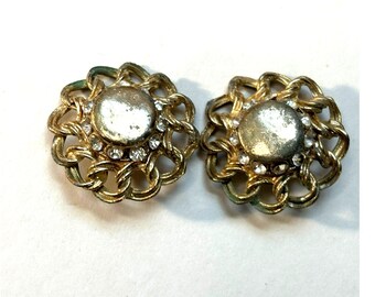 2 Vntg Mid Century Metal & Rhinestone Buttons 1" Retro Vintage Sewing Supplies