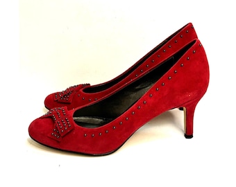Vigotti Ursella Red Suede Heels Studded Bow Kitten Heel 10N