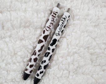 Personalized Glitter Gel Pen, custom epoxy glitter pen, custom gel pen, cow print pen