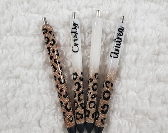 Personalized Glitter Gel Pen, custom epoxy glitter pen, custom gel pen, leopard pen, leopard