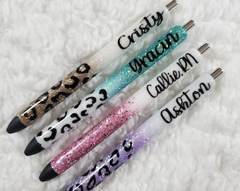 Personalized Glitter Gel Pen, custom epoxy glitter pen, custom gel pen, leopard pen, leopard