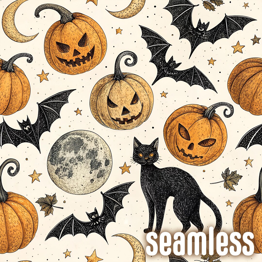 Vintage Halloween Seamless Pattern - Jack-o-lanterns, Black Cats, Bats ...