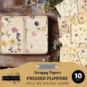 Papier botanique imprimable vintage : arrière-plans numériques avec fleurs pressées pour journaux indésirables et techniques mixtes