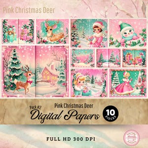10 Rosa Weihnachten Junk Journal Seiten Rosa Weihnachten Deer Ornament Baum Niedlich Kitsch Entzückend Vintage Rentier Schneemann Landschaften PCD01