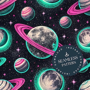 Space Planet Seamless Pattern - Retro Vibrant Cosmic Art, Celestial Galaxy Print, Neon Space Wallpaper, Digital Background Design 17