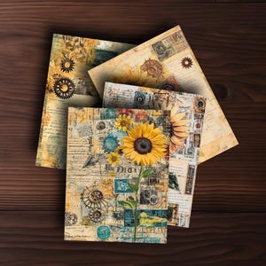 Pagine di diario vintage collage spazzatura con girasoli ed elementi di corrispondenza classici - 10 pagine di documenti stampabili