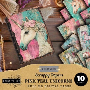 Pink Teal Unicorn Junk Journal | Unicorn Ephemera | Digital Collage Sheet | Junk Journal Printable | Fairy Tale | Fantasy Picture Collage
