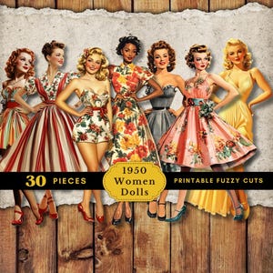 Retro Lady Fussy Cuts of 50s Women Paper Dolls - Vintage Printable embellishments - Ephemera for Scrapbooking, Sticker Kit, Collage Sheet