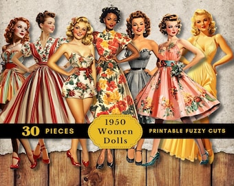 Retro Lady Fussy Cuts of 50s Women Paper Dolls - Vintage Printable embellishments - Ephemera for Scrapbooking, Sticker Kit, Collage Sheet