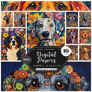 Lebendige Hunderassen Digital Paper Pack: Florale Hundeportraits für Crafting & Junk Journals