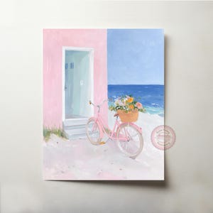 Coastal Bicycle with Flowers - Charming Seaside Pink House Art Print, Summer Beach Painting, Pastel Wall Decor, Digital Download 26