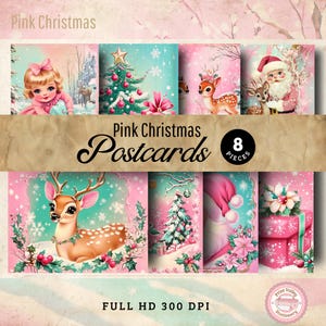 Rosa Weihnachtshirsch Junk Journal Postkarten | Baby Reh | Kartenherstellung Retro Weihnachtskarten Niedlich Kitsch schrullig Rentier Weihnachtsmann Pink Teal PCD01