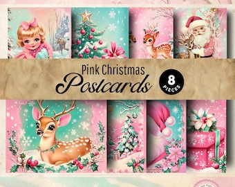 Pink Christmas Deer Junk Journal Postcards| Baby Deer | Card Making Retro Christmas Cards Cute Kitsch Quirky Reindeer Santa Pink Teal PCD01