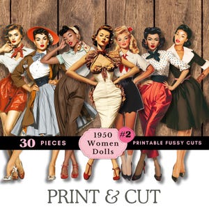 Retro Lady Fussy Cuts of 50s Women Paper Dolls - Vintage Printable embellishments - Ephemera for Scrapbooking, Sticker Kit, Collage Sheet