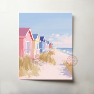 Beach Huts by the Sea Art Print - Vibrant Coastal Scene, Summer Beach Decor, Colorful Holiday Cottage, Digital Printable Artwork 23