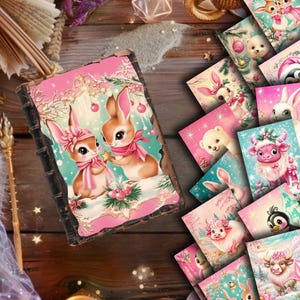 Papel de diário vintage rosa Junk. Coelhinhos de inverno, pinguins, boi-almiscarado, ursos polares. Papelaria de Natal Páscoa retrô aquarela fofa e suave