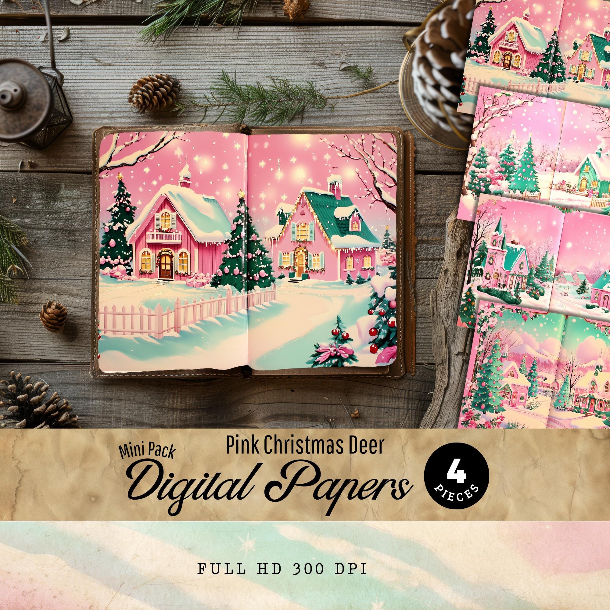 4 Digital Paper Pack Pink Christmas Junk Journal Paper Pages With ...