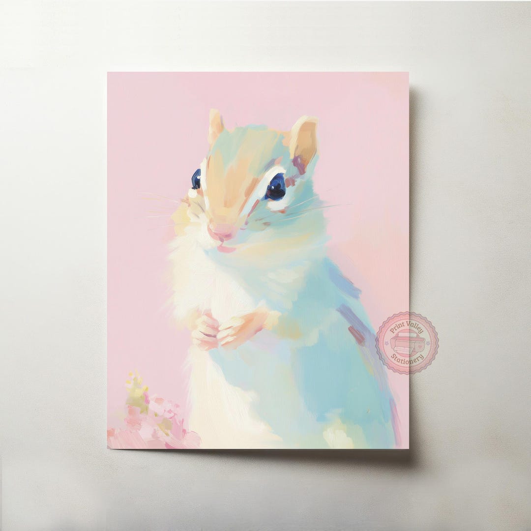 Chipmunk Art Print on Soft Pastel Background - Charming Forest Wildlife ...