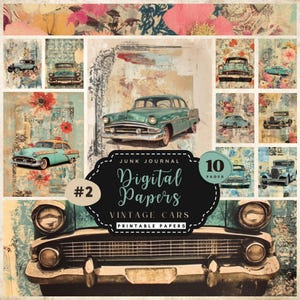 10 Retro altes Auto digitales Papier Paket Bundle, Geschenk Papa, Männer Junk Journal druckbare Papiere, Vintage blaue Oldtimer Sammlung Blätter | Packung#2