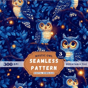 Hiboux fantaisistes enchantés, Modèle sans couture pour enfants, Art numérique, Décoration murale pour chambre d'enfant, Sublimation, Tissu, Emballage cadeau, POD, Créations DIY