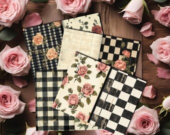 4 Gingham Papier, Aquarell Blumen, druckbares Papier vom Bauernhof, Bauernhaus schwarzes Gingham und Rose Digital Papier, Karo Picknick Design Pack CR01