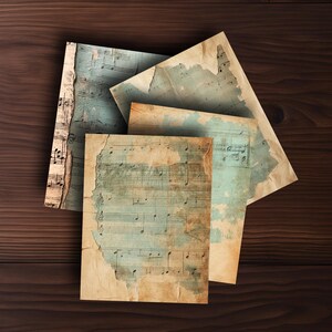 Sfondo Vintage Junk Journal - Carta strappata con delicato motivo di note musicali Cool Mint - 10 pagine di documenti stampabili