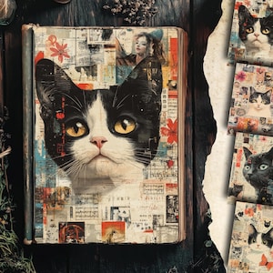 Adorable Black Cat Mixed Media Animal Junk Journal Vertical Digital Papers with cute Cats, Kittie Junk Journal Collage Pages | Mini Pack
