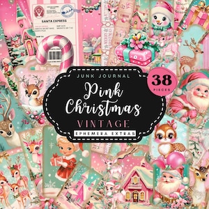 Vintage Pink Christmas Junk Journal Extras Pack Printable Ephemera Bundle Weihnachtsgeschenk, druckbares pinkes Tag Sammelalbum Extras Kitschmas PC01