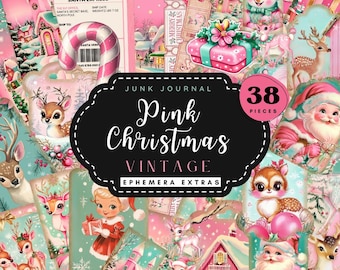Vintage Pink Christmas Junk Journal Extras Pack Printable Ephemera Bundle Christmas gift, printable pink tag Scrapbook extras Kitschmas PC01