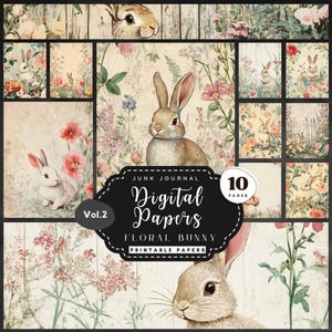 Niedliche Osterhasen Digitale Papiere, Verspielte Junk Journal Doppelseiten, Vintage Blumen Handwerk Designs