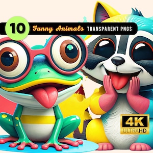 Funny Cute Animal Clipart PNG, Quirky Watercolor Nursery Print Cartoon Humorous Expressive Playful Caricatured Faces