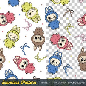 Kawaii Monster Bunny Seamless Pattern – Transparent & White Background Magical Cute Repeating file for all Printable Surfaces